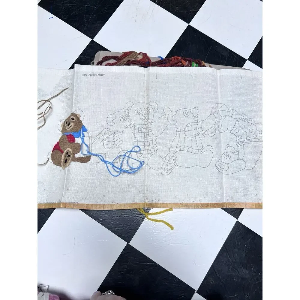 Vintage 1983 Dimensions Long Stitch Crewel Tumbling Teddy Bears‎ 1251 (started)